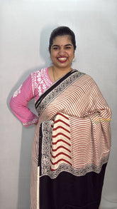 Vriksham Off White With Radish Red Striped Print Ajrakh Modal Silk Saree-VS4668